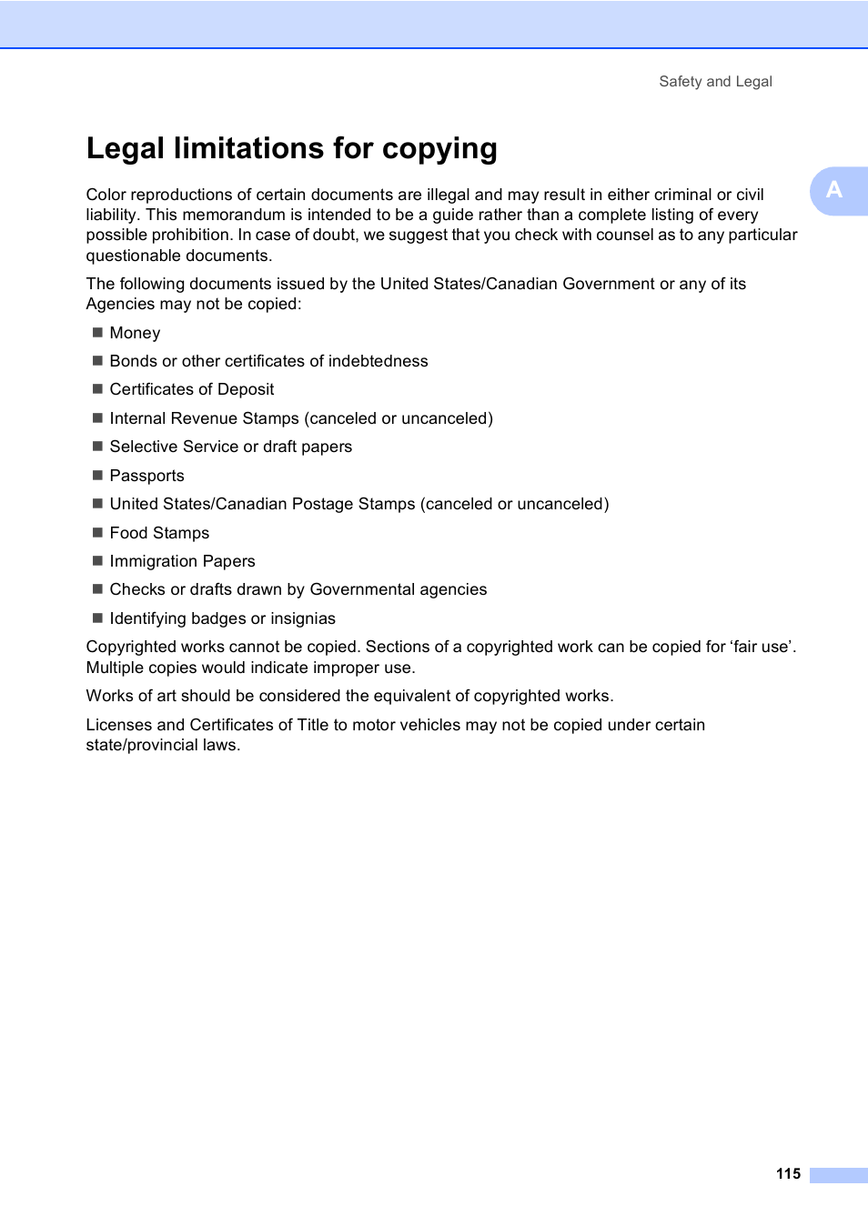 Legal limitations for copying | Brother MFC-465CN User Manual | Page 131 / 192