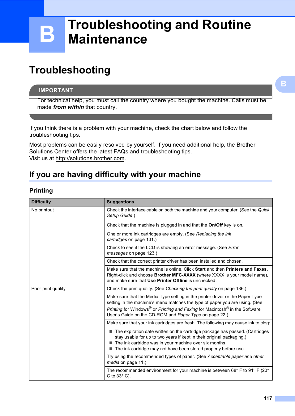 B troubleshooting and routine maintenance, Troubleshooting, If you are having difficulty with your machine | Troubleshooting and routine maintenance | Brother MFC-465CN User Manual | Page 133 / 192