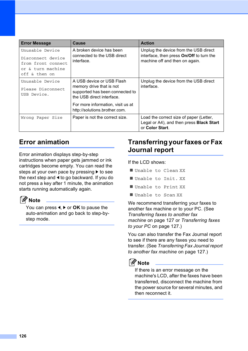 Error animation, Transferring your faxes or fax journal report | Brother MFC-465CN User Manual | Page 142 / 192