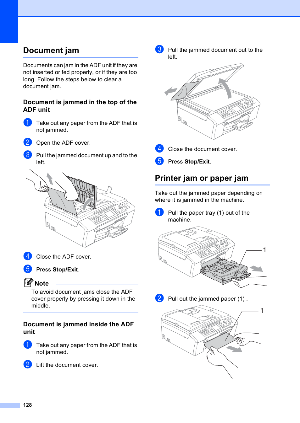 Document jam, Document is jammed in the top of the adf unit, Document is jammed inside the adf unit | Printer jam or paper jam, Document jam printer jam or paper jam | Brother MFC-465CN User Manual | Page 144 / 192