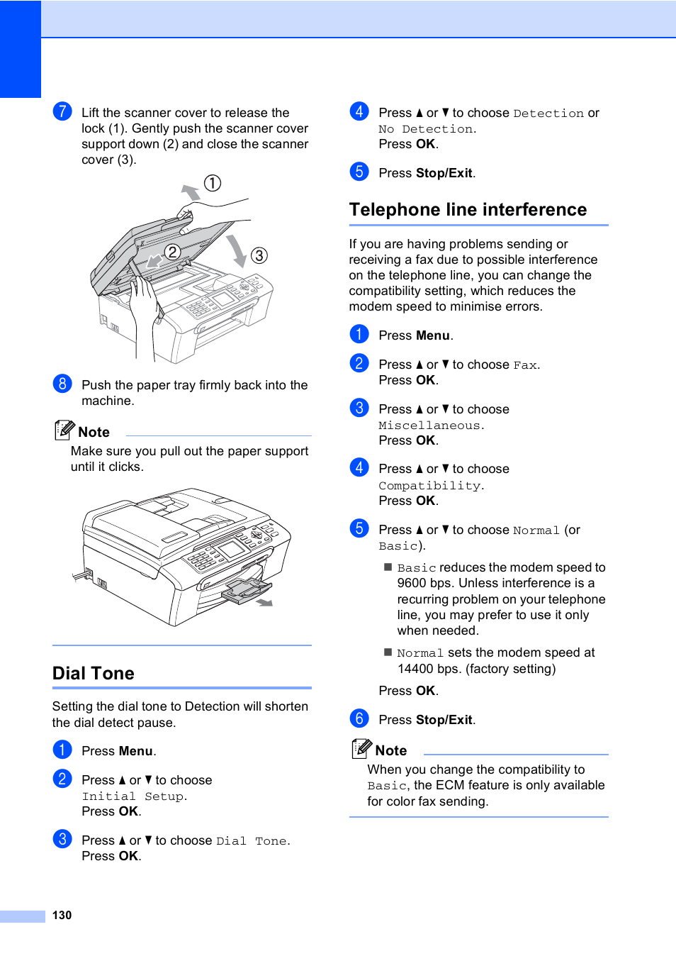 Dial tone, Telephone line interference, Dial tone telephone line interference | Brother MFC-465CN User Manual | Page 146 / 192