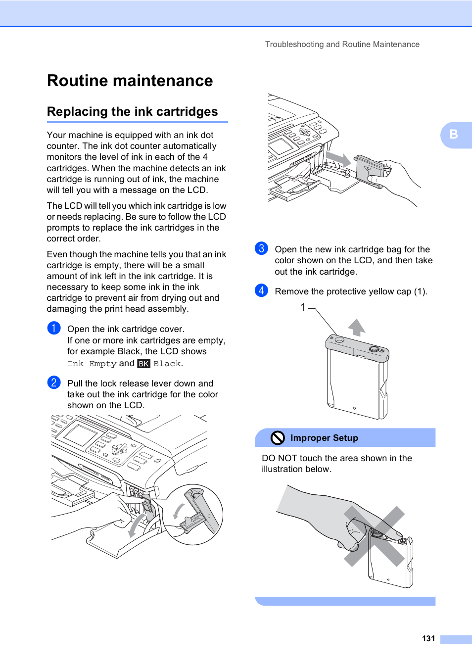 Routine maintenance, Replacing the ink cartridges | Brother MFC-465CN User Manual | Page 147 / 192