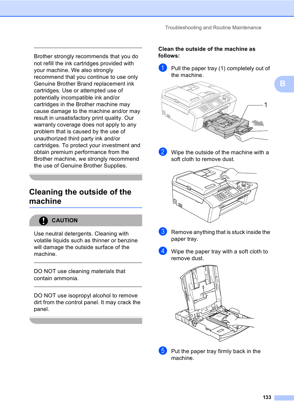 Cleaning the outside of the machine, Caution, Do not use cleaning materials that contain ammonia | Clean the outside of the machine as follows, Put the paper tray firmly back in the machine | Brother MFC-465CN User Manual | Page 149 / 192