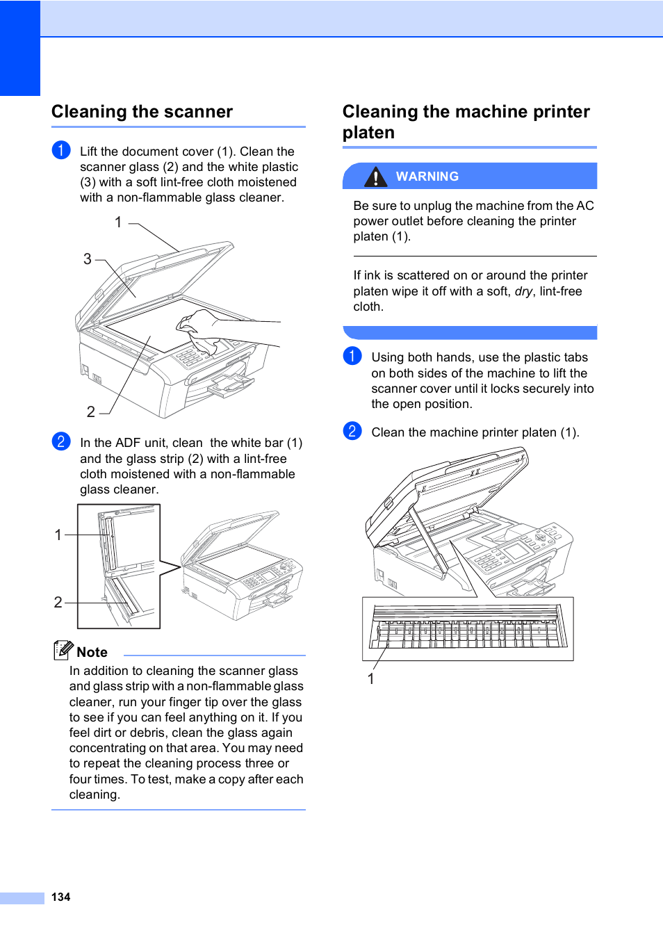 Cleaning the scanner, Cleaning the machine printer platen | Brother MFC-465CN User Manual | Page 150 / 192