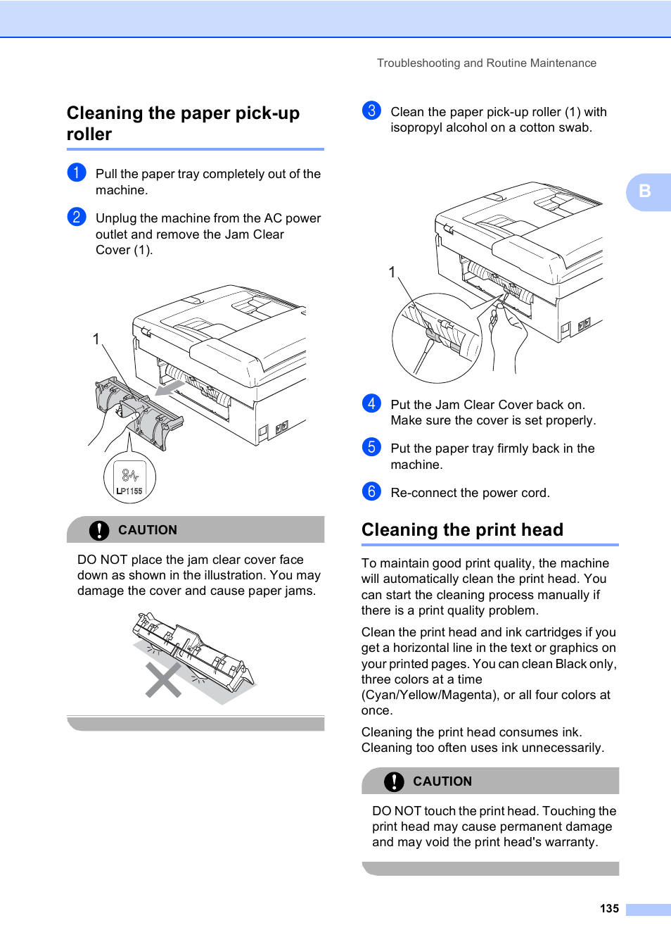 Cleaning the paper pick-up roller, Cleaning the print head, Bcleaning the paper pick-up roller | Brother MFC-465CN User Manual | Page 151 / 192