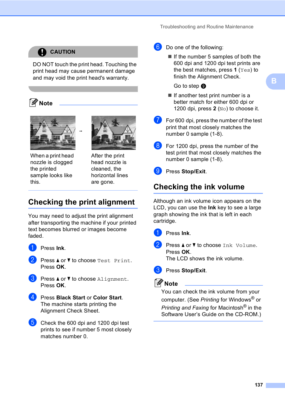 Checking the print alignment, Checking the ink volume | Brother MFC-465CN User Manual | Page 153 / 192