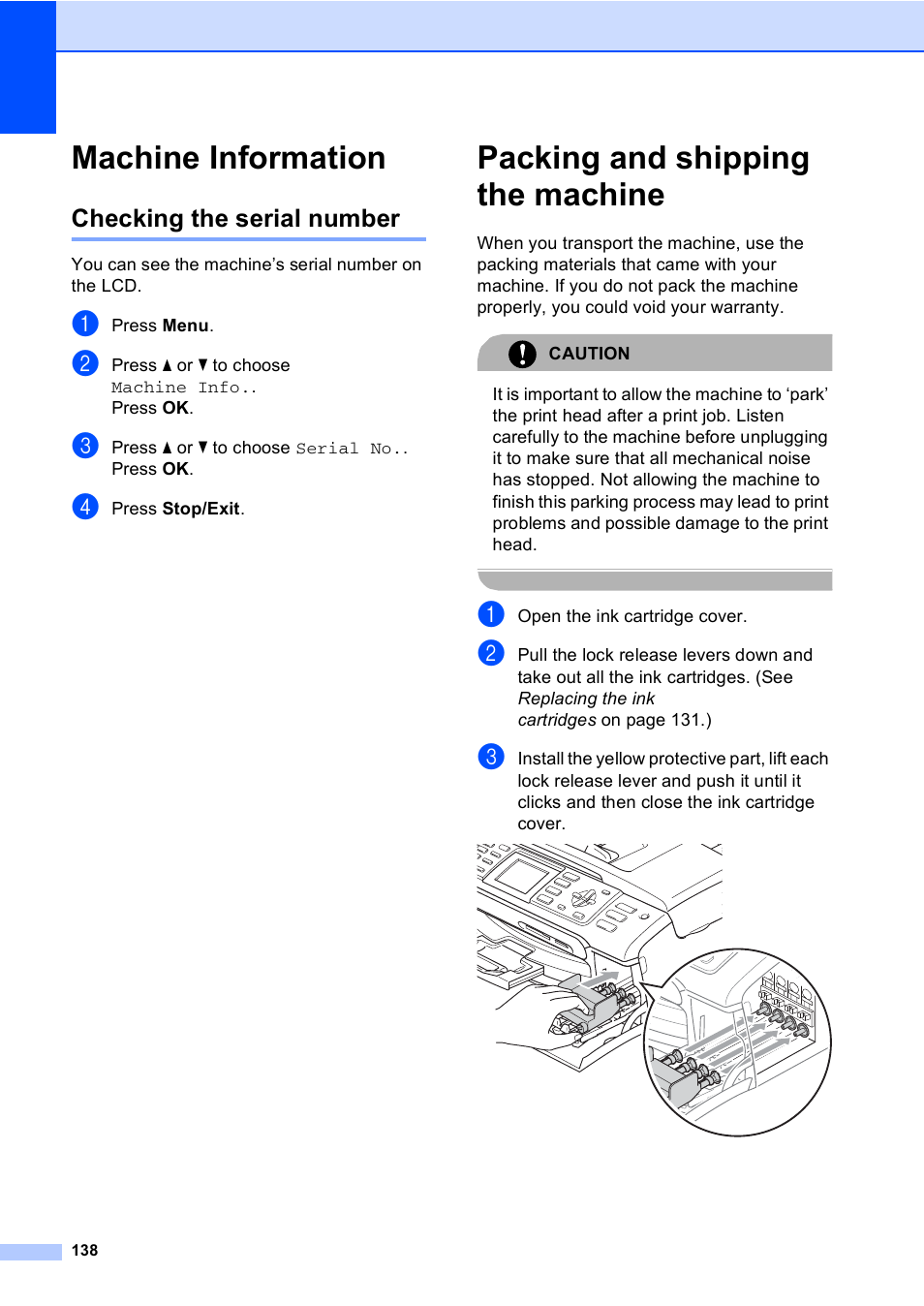 Machine information, Checking the serial number, Packing and shipping the machine | Brother MFC-465CN User Manual | Page 154 / 192