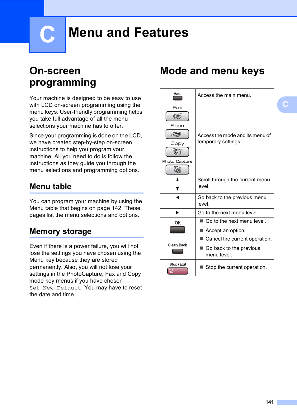 C menu and features, On-screen programming, Menu table | Memory storage, Mode and menu keys, Menu and features, Menu table memory storage | Brother MFC-465CN User Manual | Page 157 / 192