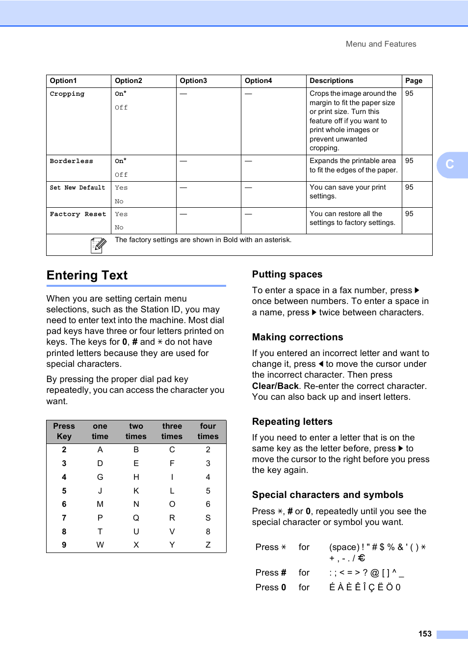 Entering text, Putting spaces, Making corrections | Repeating letters, Special characters and symbols, Centering text | Brother MFC-465CN User Manual | Page 169 / 192