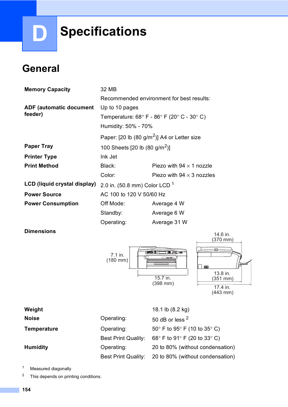 D specifications, General, Specifications | Brother MFC-465CN User Manual | Page 170 / 192