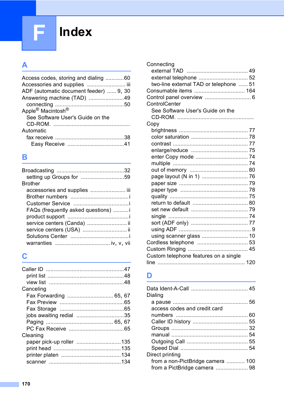 Index | Brother MFC-465CN User Manual | Page 186 / 192