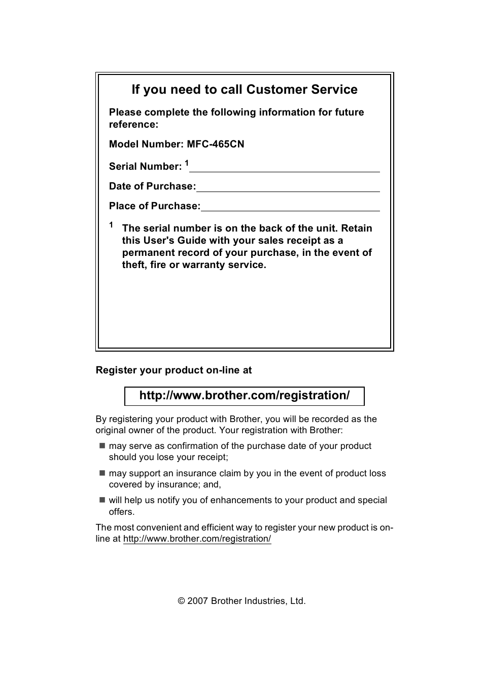 If you need to call customer service | Brother MFC-465CN User Manual | Page 2 / 192