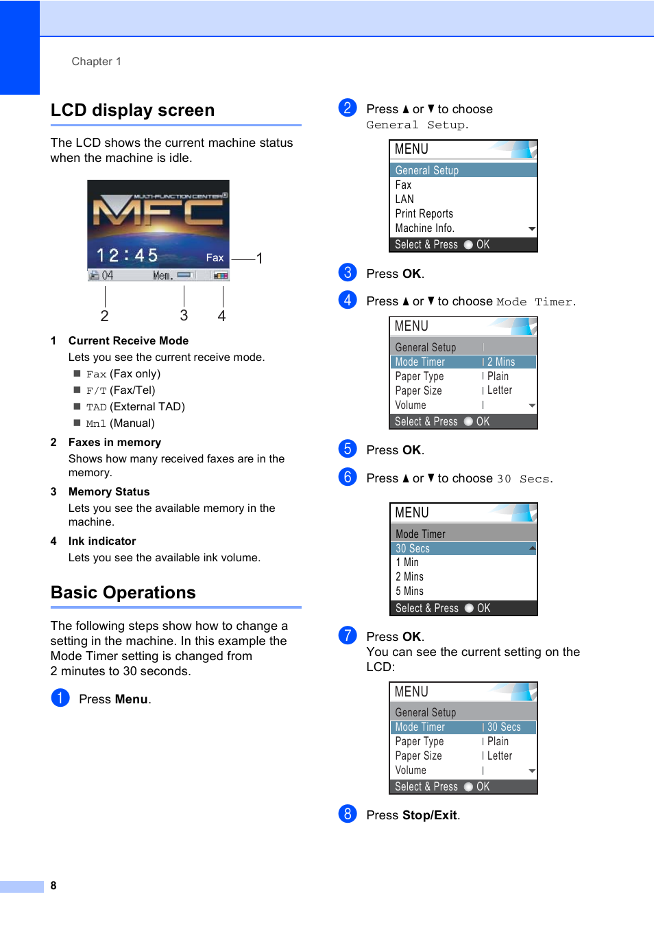 Lcd display screen, Basic operations, Lcd display screen basic operations | Menu | Brother MFC-465CN User Manual | Page 24 / 192