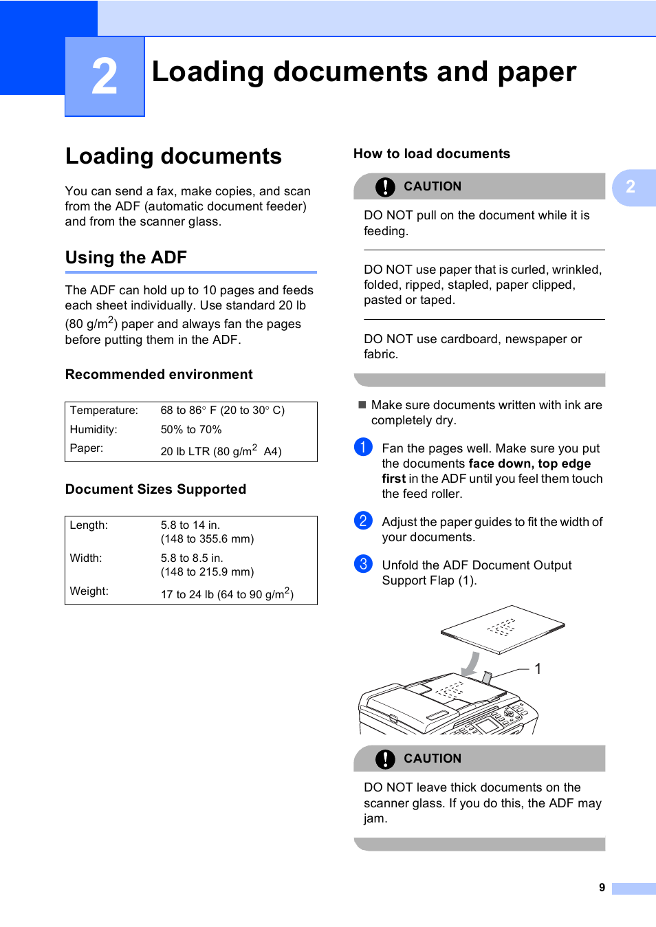 2 loading documents and paper, Loading documents, Using the adf | Recommended environment, Document sizes supported, How to load documents, Loading documents and paper | Brother MFC-465CN User Manual | Page 25 / 192