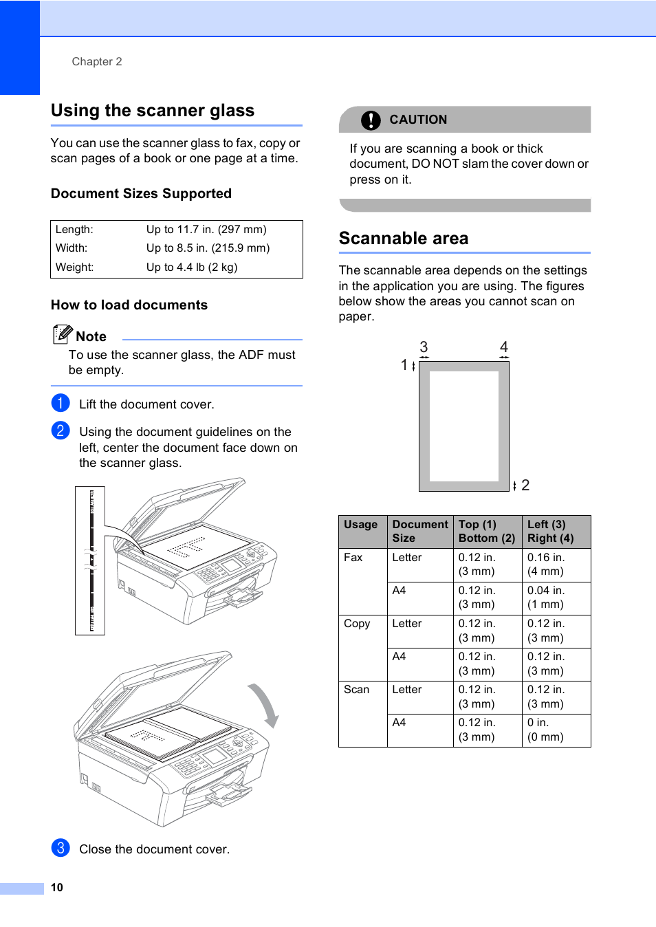 Using the scanner glass, Document sizes supported, How to load documents | Scannable area, Using the scanner glass scannable area | Brother MFC-465CN User Manual | Page 26 / 192