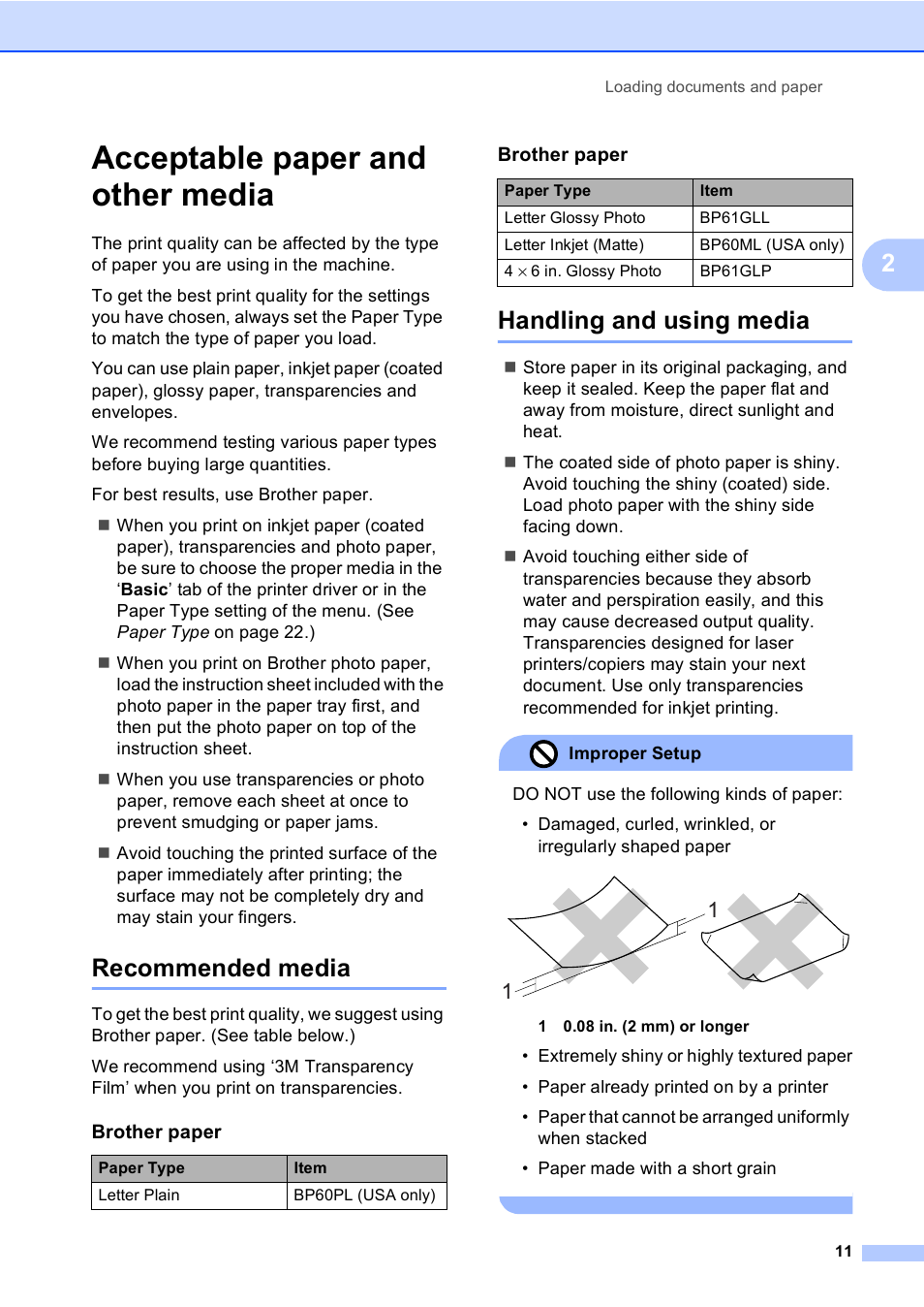 Acceptable paper and other media, Recommended media, Handling and using media | Recommended media handling and using media | Brother MFC-465CN User Manual | Page 27 / 192