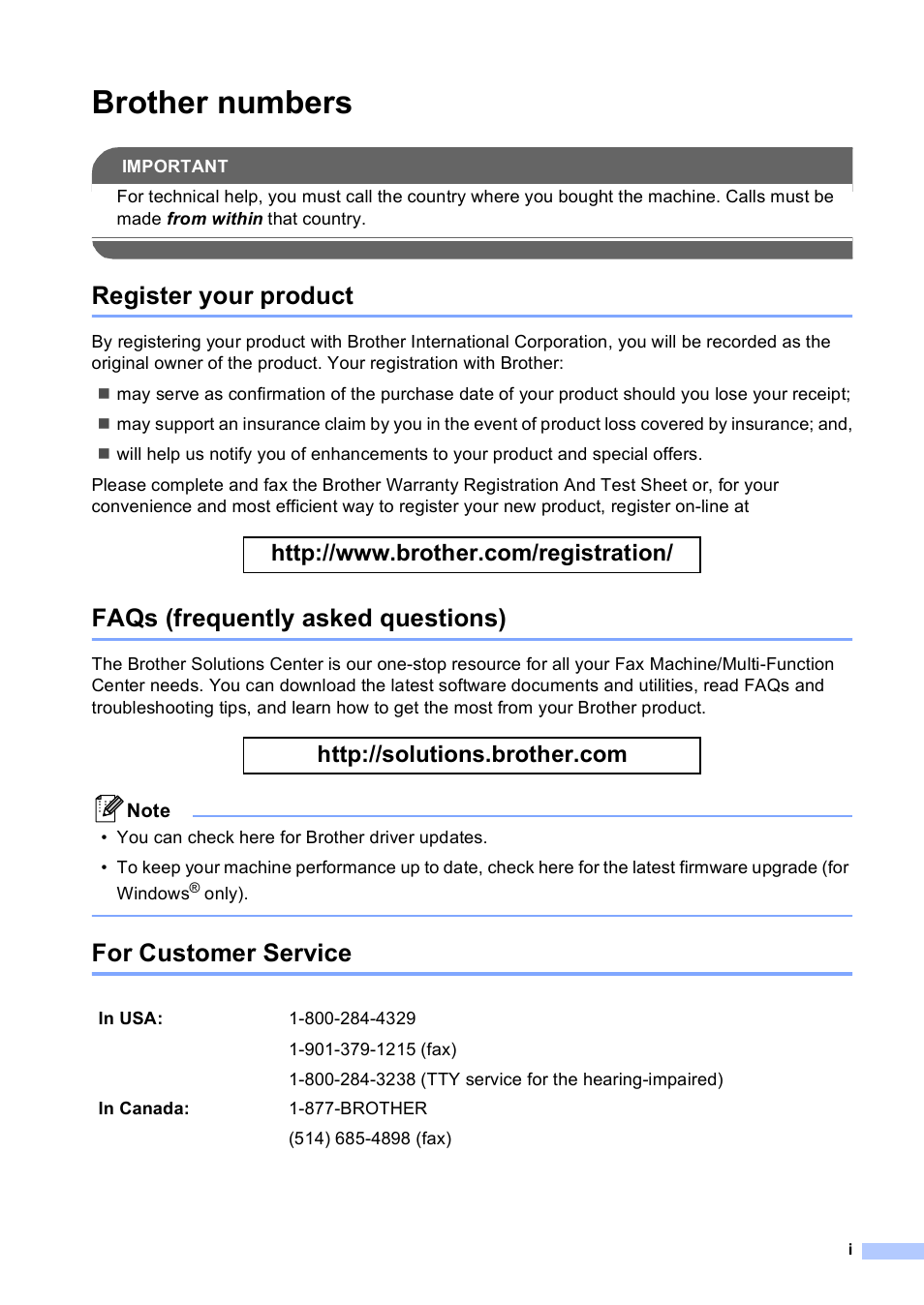 Brother numbers, Register your product, Faqs (frequently asked questions) | For customer service | Brother MFC-465CN User Manual | Page 3 / 192