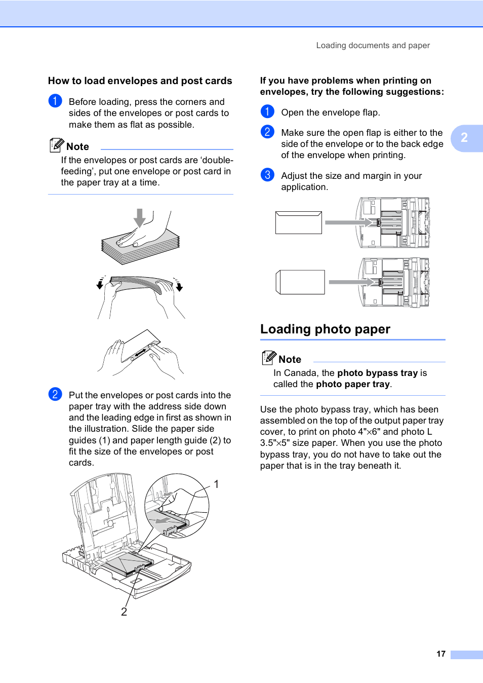 How to load envelopes and post cards, Loading photo paper | Brother MFC-465CN User Manual | Page 33 / 192