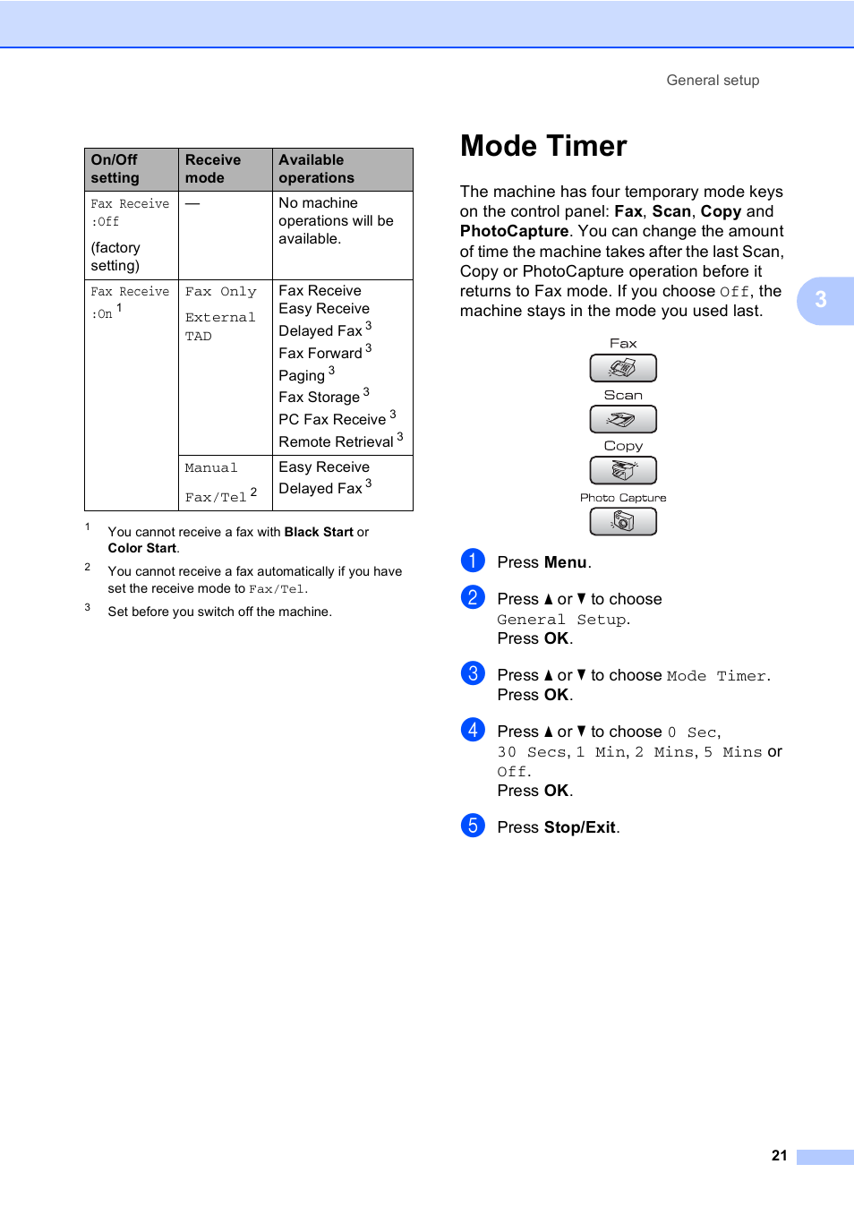 Mode timer | Brother MFC-465CN User Manual | Page 37 / 192