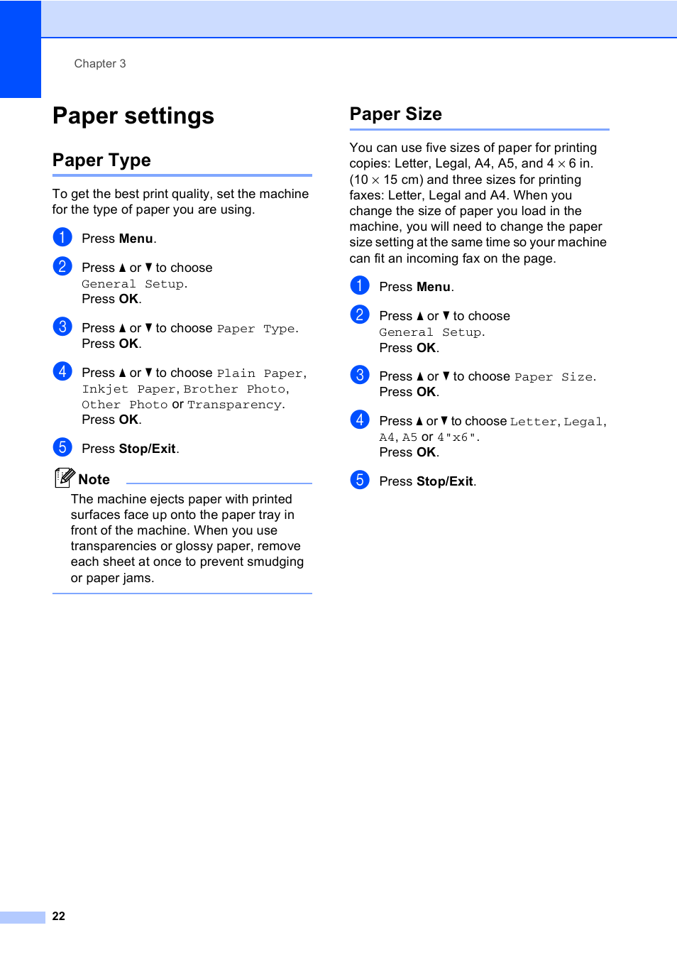 Paper settings, Paper type, Paper size | Paper type paper size | Brother MFC-465CN User Manual | Page 38 / 192
