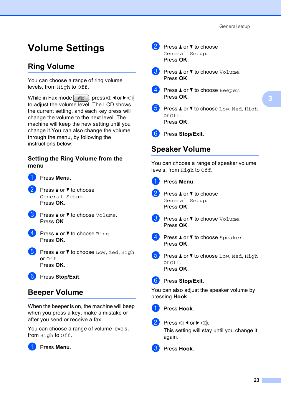 Volume settings, Ring volume, Setting the ring volume from the menu | Beeper volume, Speaker volume, Ring volume beeper volume speaker volume | Brother MFC-465CN User Manual | Page 39 / 192