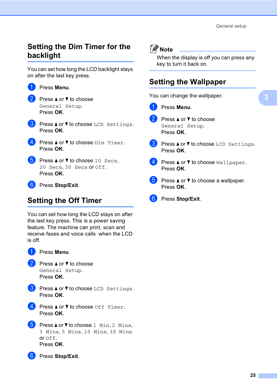 Setting the dim timer for the backlight, Setting the off timer, Setting the wallpaper | 3setting the dim timer for the backlight | Brother MFC-465CN User Manual | Page 41 / 192