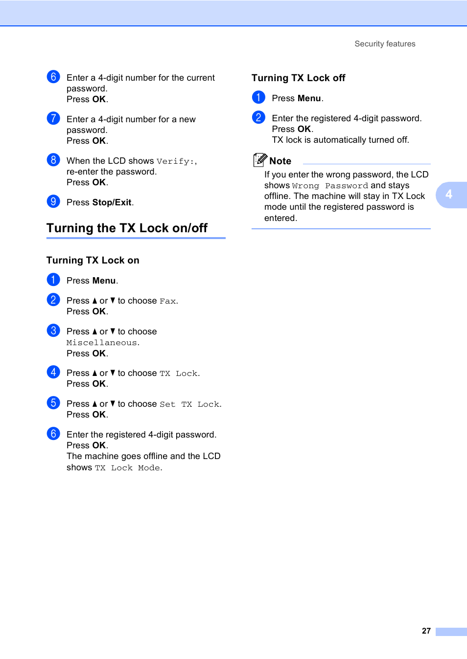 Turning the tx lock on/off, Turning tx lock on, Turning tx lock off | Brother MFC-465CN User Manual | Page 43 / 192