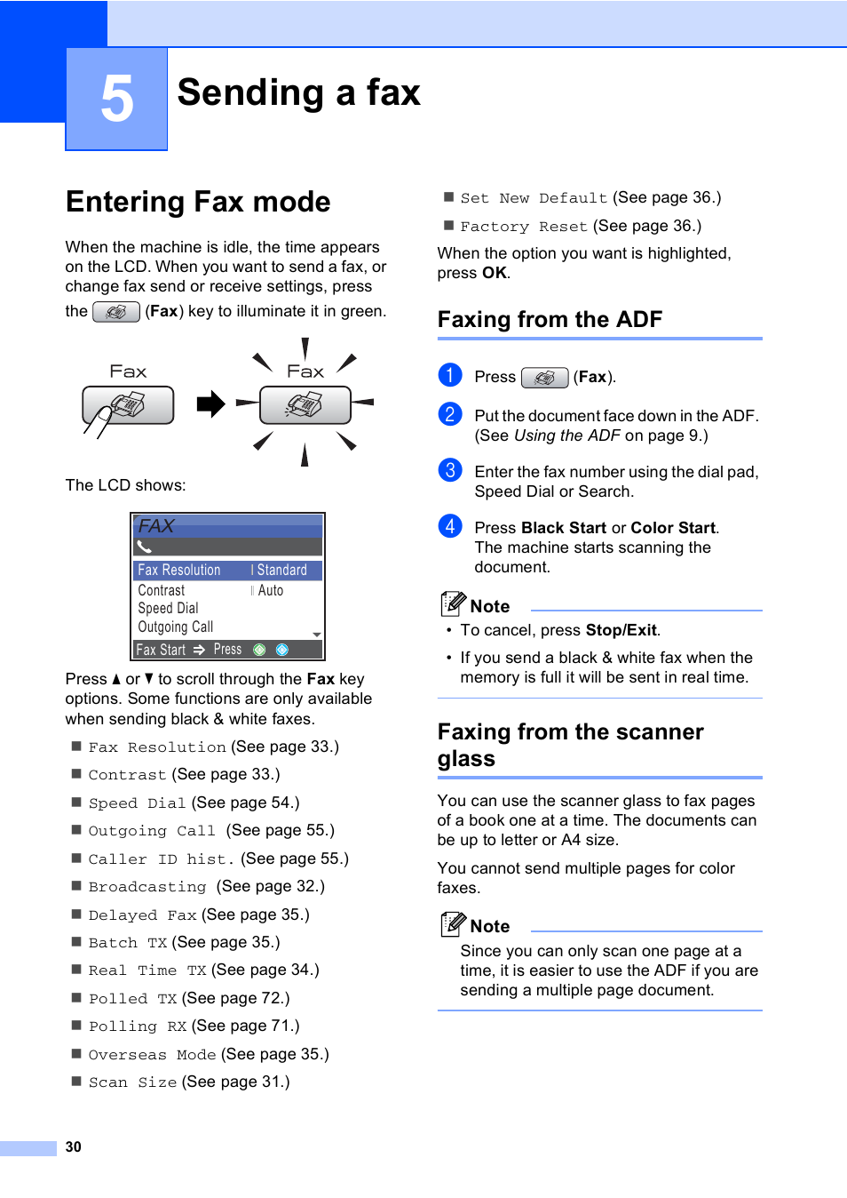 5 sending a fax, Entering fax mode, Faxing from the adf | Faxing from the scanner glass, Sending a fax, Faxing from the adf faxing from the scanner glass | Brother MFC-465CN User Manual | Page 46 / 192