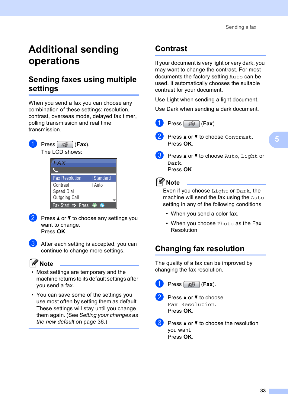 Additional sending operations, Sending faxes using multiple settings, Contrast | Changing fax resolution | Brother MFC-465CN User Manual | Page 49 / 192