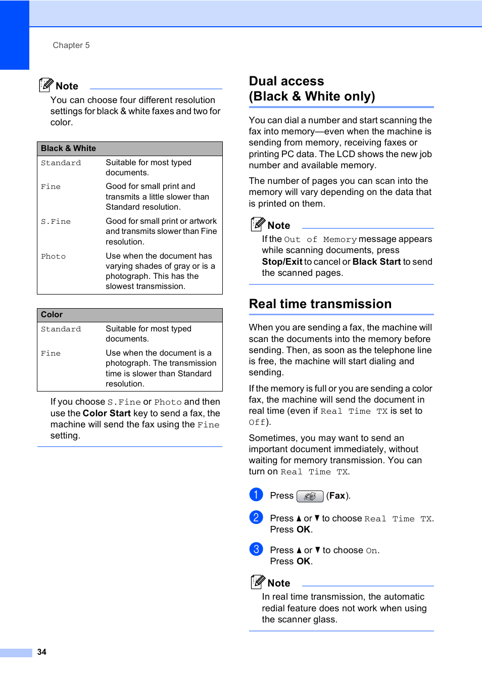 Dual access (black & white only), Real time transmission | Brother MFC-465CN User Manual | Page 50 / 192