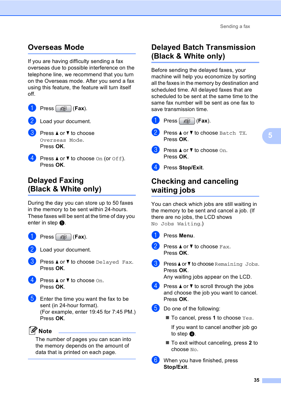 Overseas mode, Delayed faxing (black & white only), Delayed batch transmission (black & white only) | Checking and canceling waiting jobs, 5overseas mode | Brother MFC-465CN User Manual | Page 51 / 192