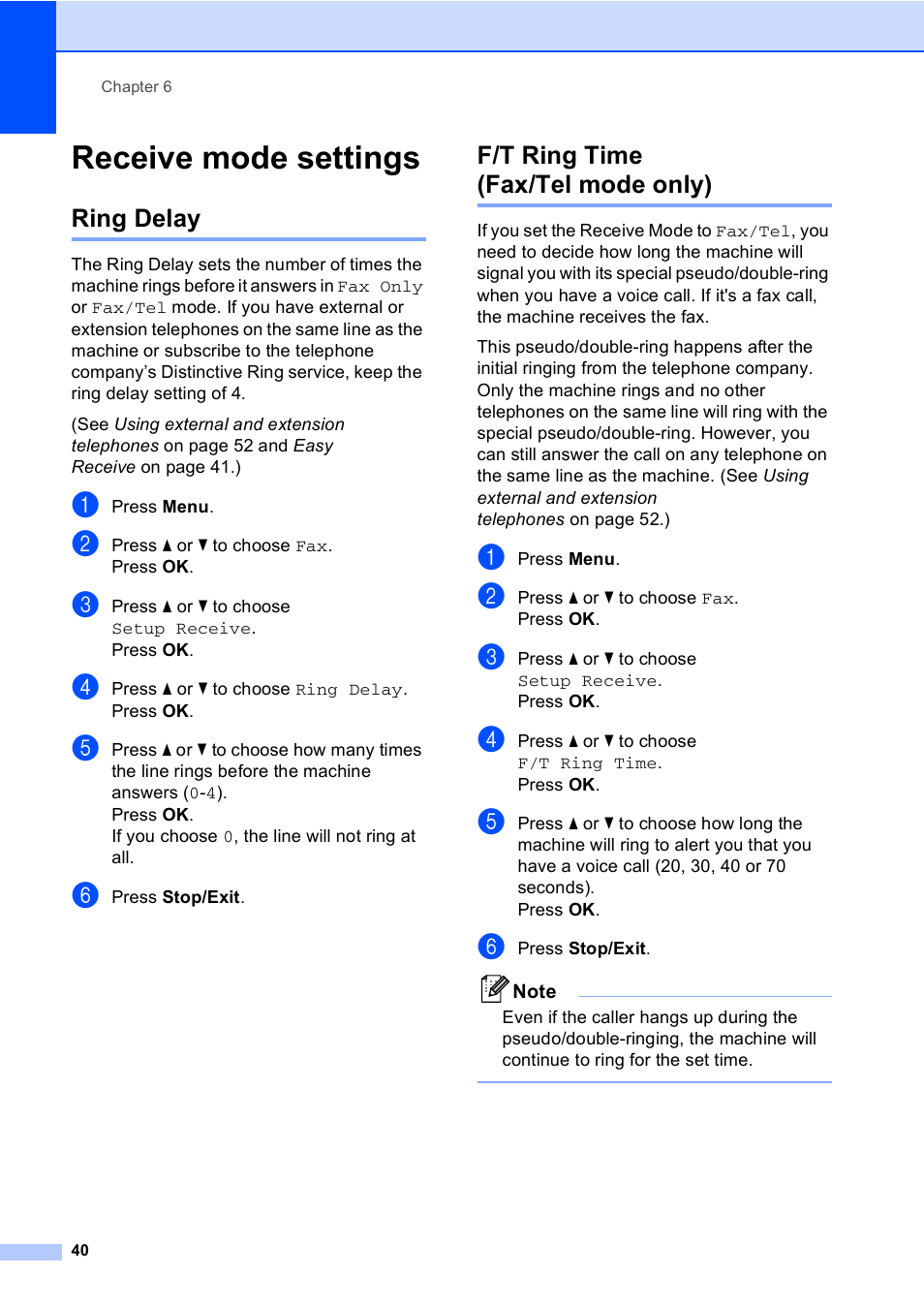Receive mode settings, Ring delay, F/t ring time (fax/tel mode only) | Ring delay f/t ring time (fax/tel mode only) | Brother MFC-465CN User Manual | Page 56 / 192