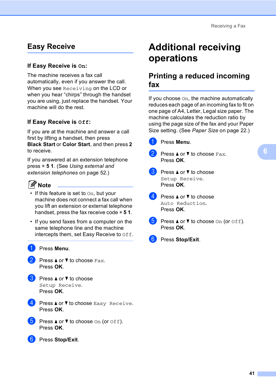 Easy receive, If easy receive is on, If easy receive is off | Additional receiving operations, Printing a reduced incoming fax, 6easy receive | Brother MFC-465CN User Manual | Page 57 / 192