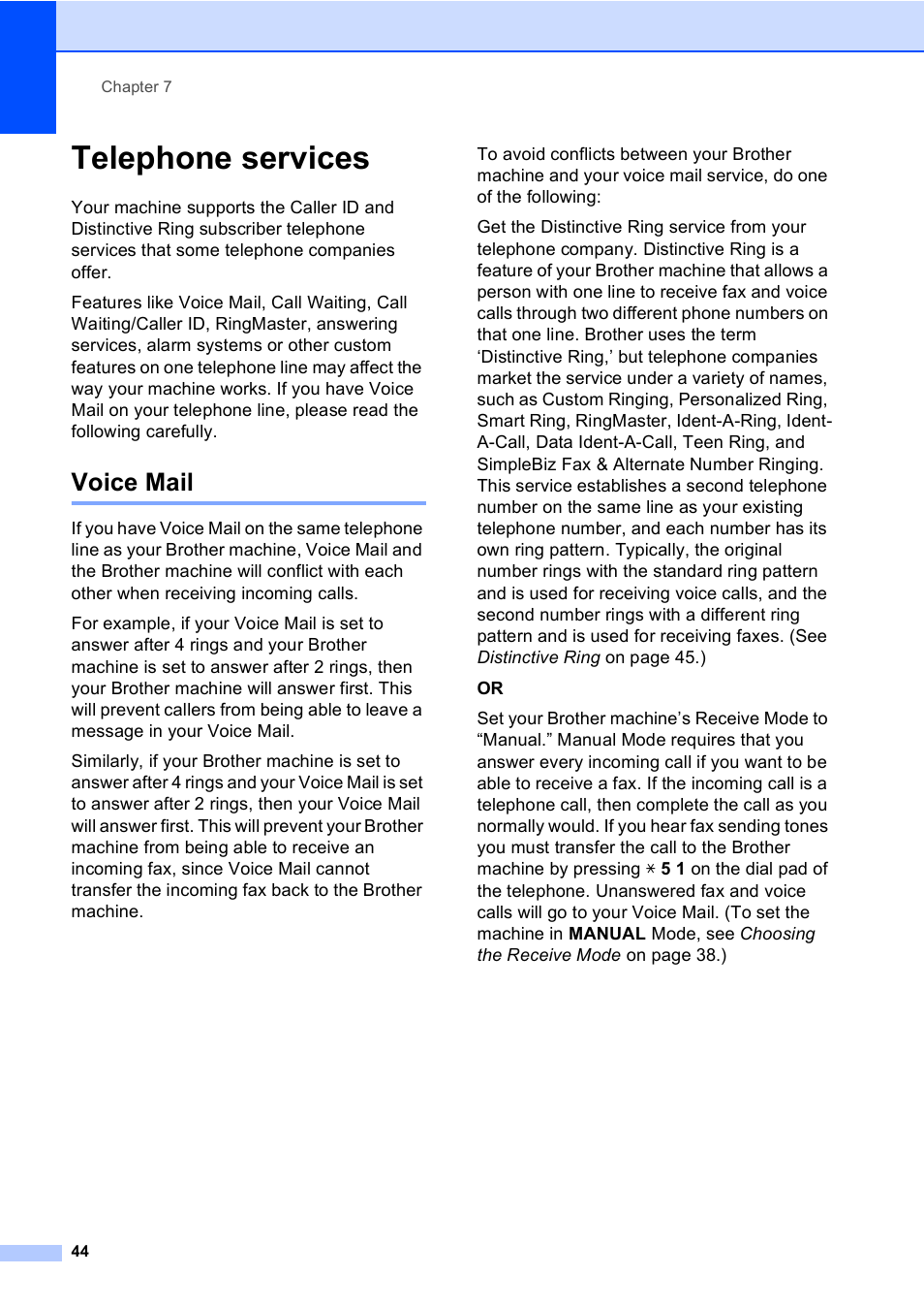 Telephone services, Voice mail | Brother MFC-465CN User Manual | Page 60 / 192