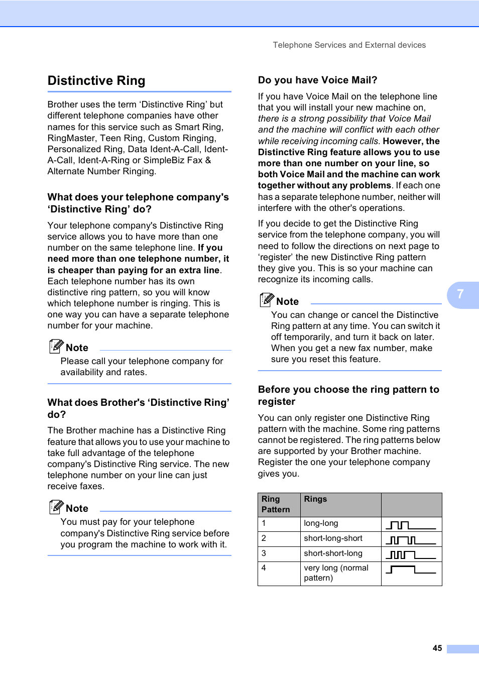Distinctive ring, What does brother's ‘distinctive ring’ do, Do you have voice mail | Before you choose the ring pattern to register, 7distinctive ring | Brother MFC-465CN User Manual | Page 61 / 192