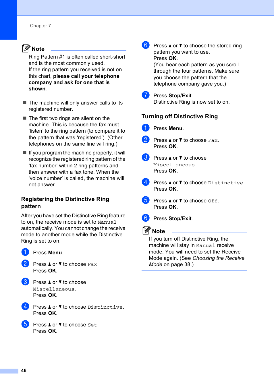 Registering the distinctive ring pattern, Turning off distinctive ring | Brother MFC-465CN User Manual | Page 62 / 192