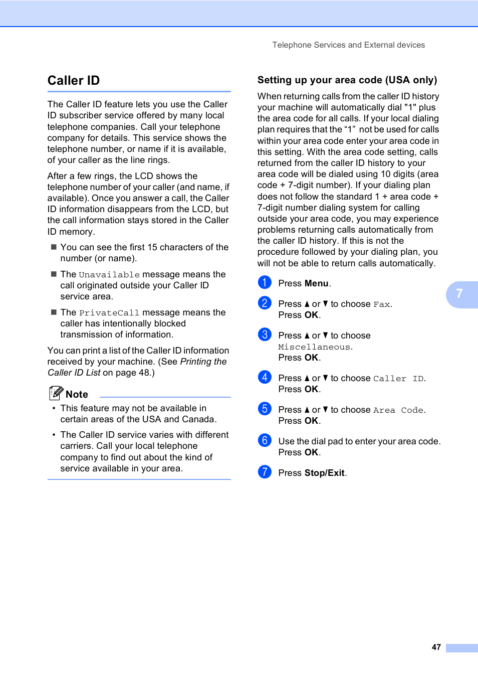 Caller id, Setting up your area code (usa only), 7caller id | Brother MFC-465CN User Manual | Page 63 / 192
