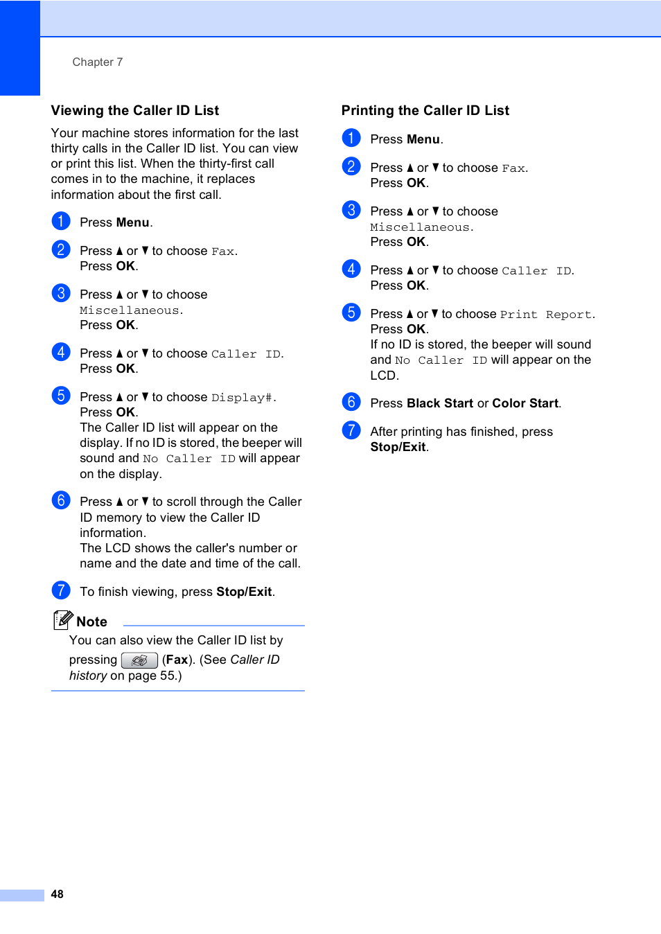 Viewing the caller id list, Printing the caller id list | Brother MFC-465CN User Manual | Page 64 / 192