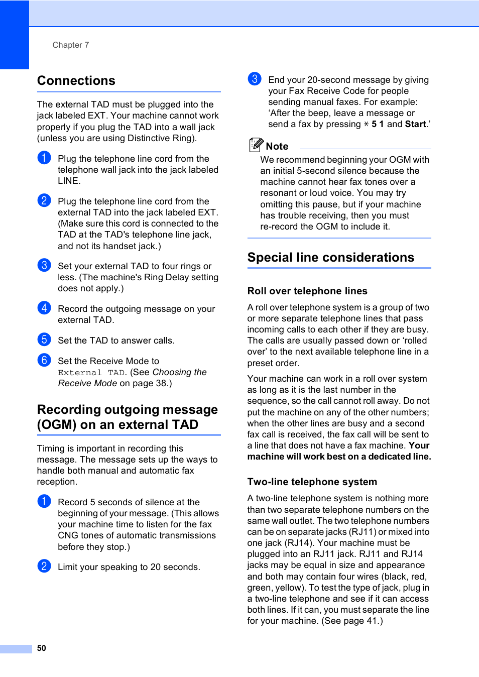 Connections, Special line considerations, Roll over telephone lines | Two-line telephone system | Brother MFC-465CN User Manual | Page 66 / 192