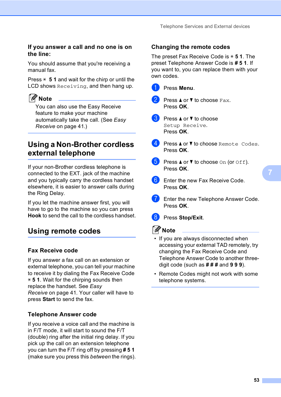 If you answer a call and no one is on the line, Using a non-brother cordless external telephone, Using remote codes | Fax receive code, Telephone answer code, Changing the remote codes | Brother MFC-465CN User Manual | Page 69 / 192