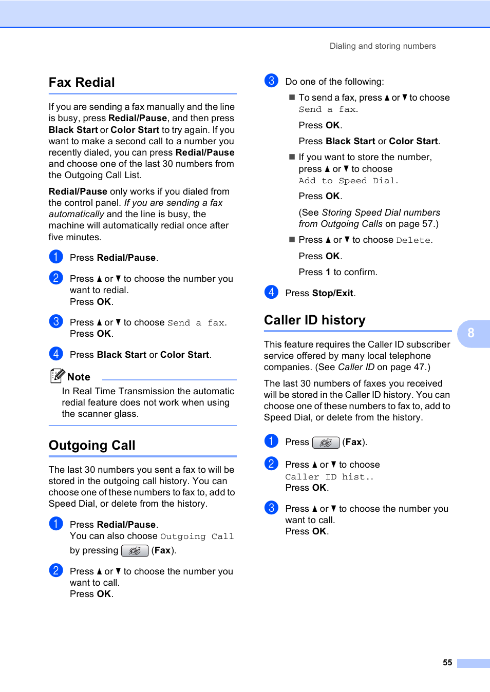 Fax redial, Outgoing call, Caller id history | Fax redial outgoing call caller id history, 8fax redial | Brother MFC-465CN User Manual | Page 71 / 192