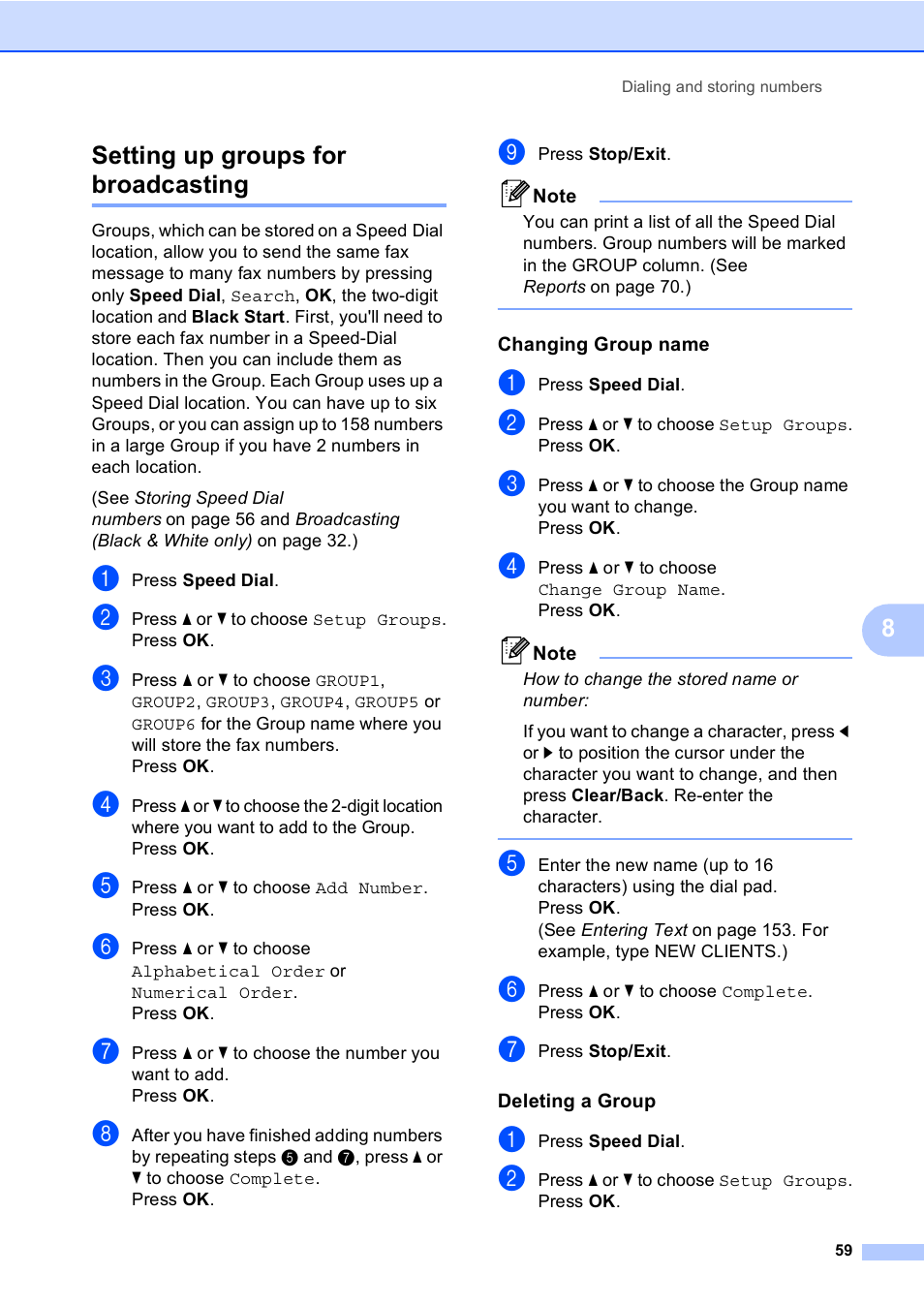 Setting up groups for broadcasting, Changing group name, Deleting a group | 8setting up groups for broadcasting | Brother MFC-465CN User Manual | Page 75 / 192