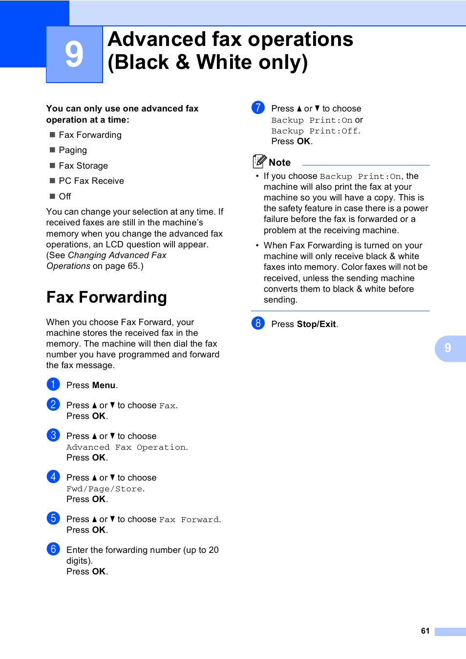 9 advanced fax operations (black & white only), Fax forwarding, Advanced fax operations (black & white only) | Brother MFC-465CN User Manual | Page 77 / 192