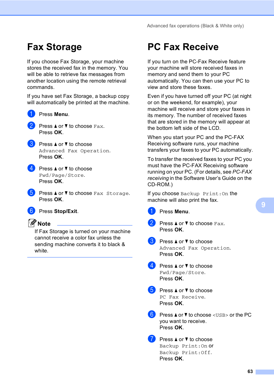 Fax storage, Pc fax receive, Fax storage pc fax receive | Brother MFC-465CN User Manual | Page 79 / 192