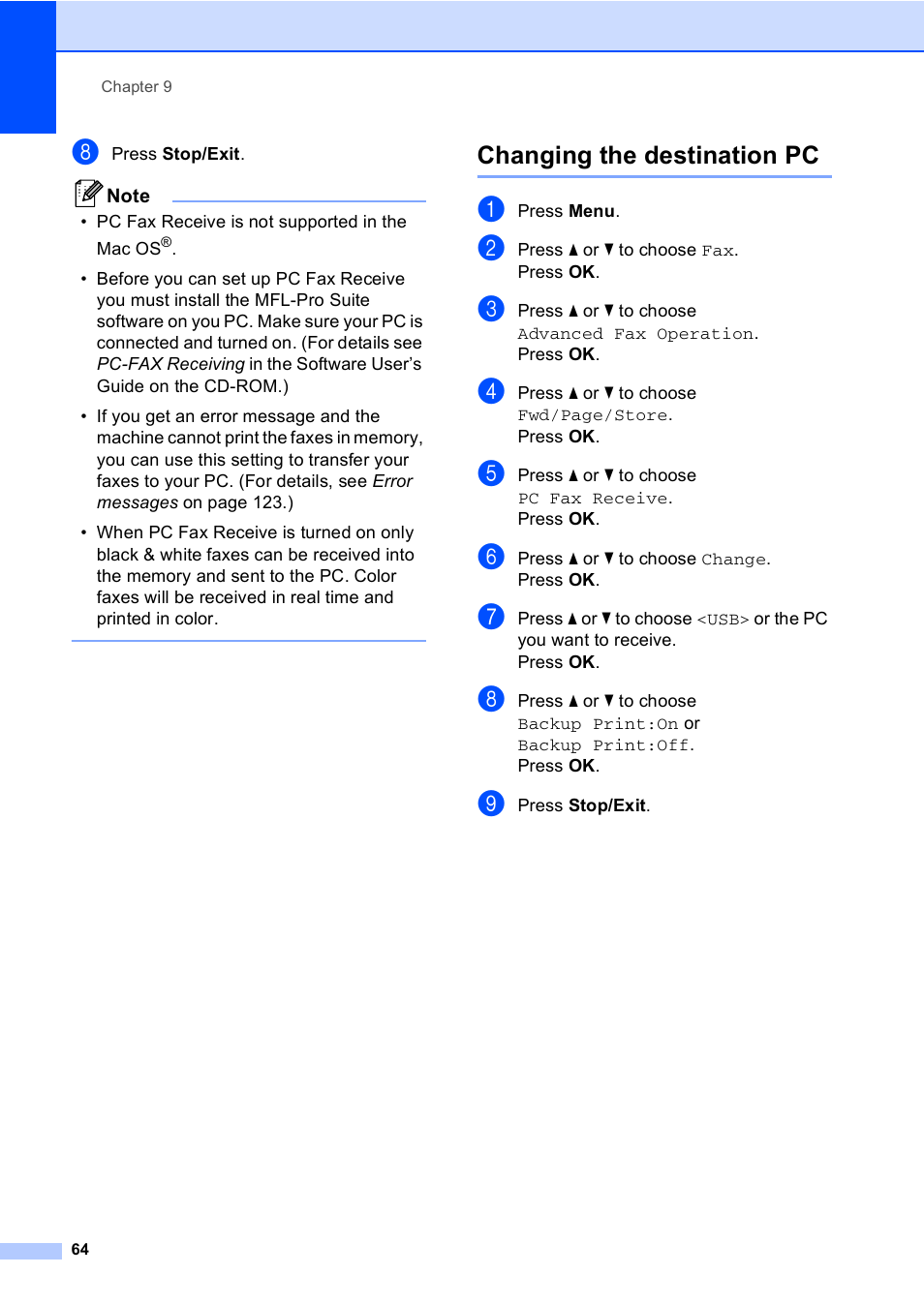 Changing the destination pc | Brother MFC-465CN User Manual | Page 80 / 192