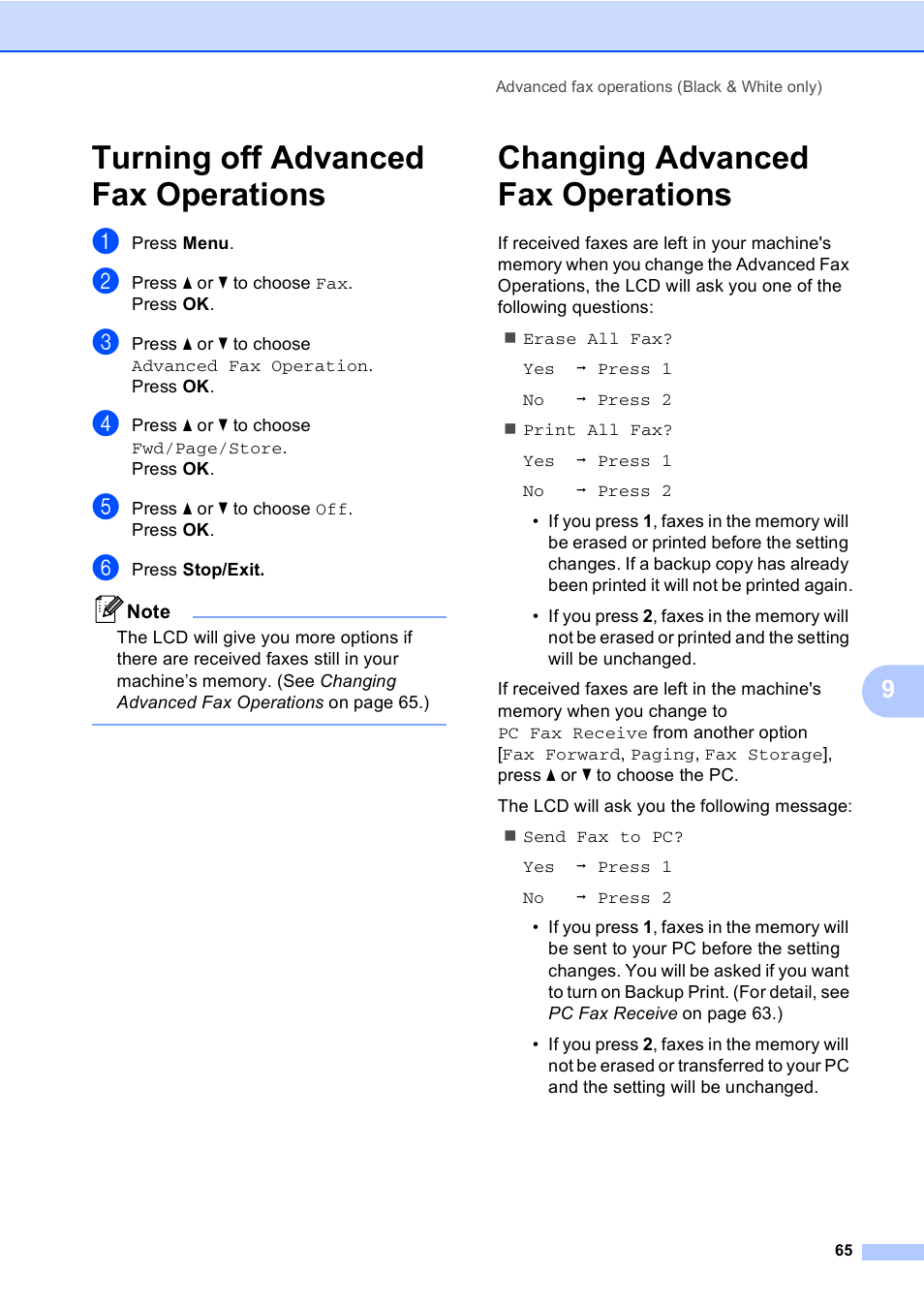 Turning off advanced fax operations, Changing advanced fax operations | Brother MFC-465CN User Manual | Page 81 / 192