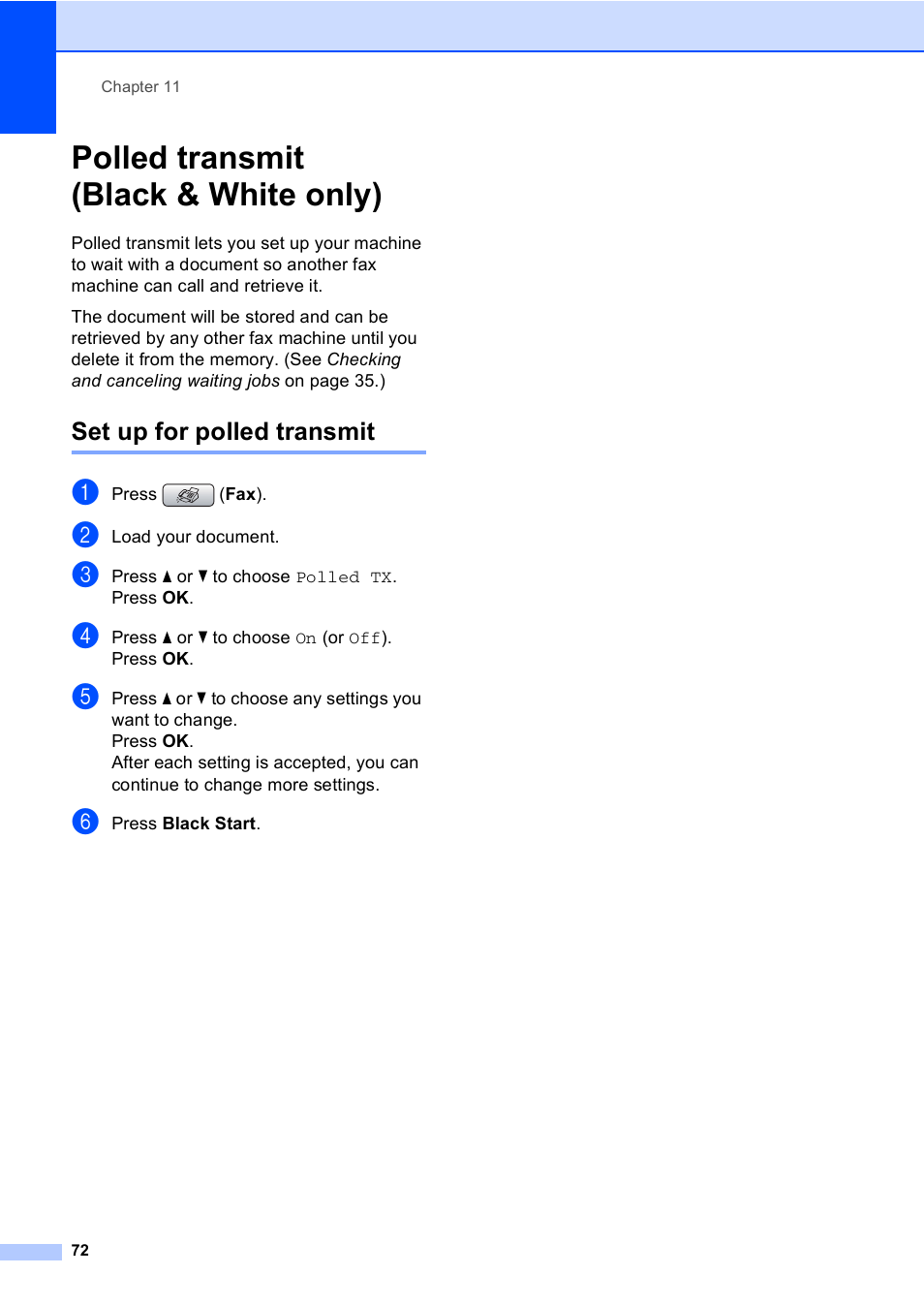 Polled transmit (black & white only), Set up for polled transmit | Brother MFC-465CN User Manual | Page 88 / 192