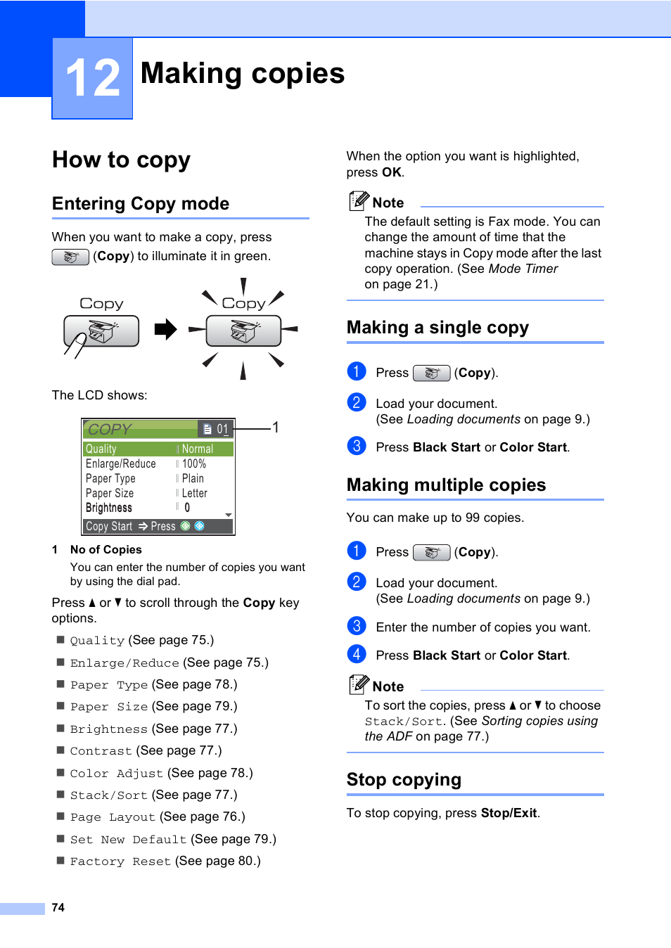 12 making copies, How to copy, Entering copy mode | Making a single copy, Making multiple copies, Stop copying, Making copies | Brother MFC-465CN User Manual | Page 90 / 192