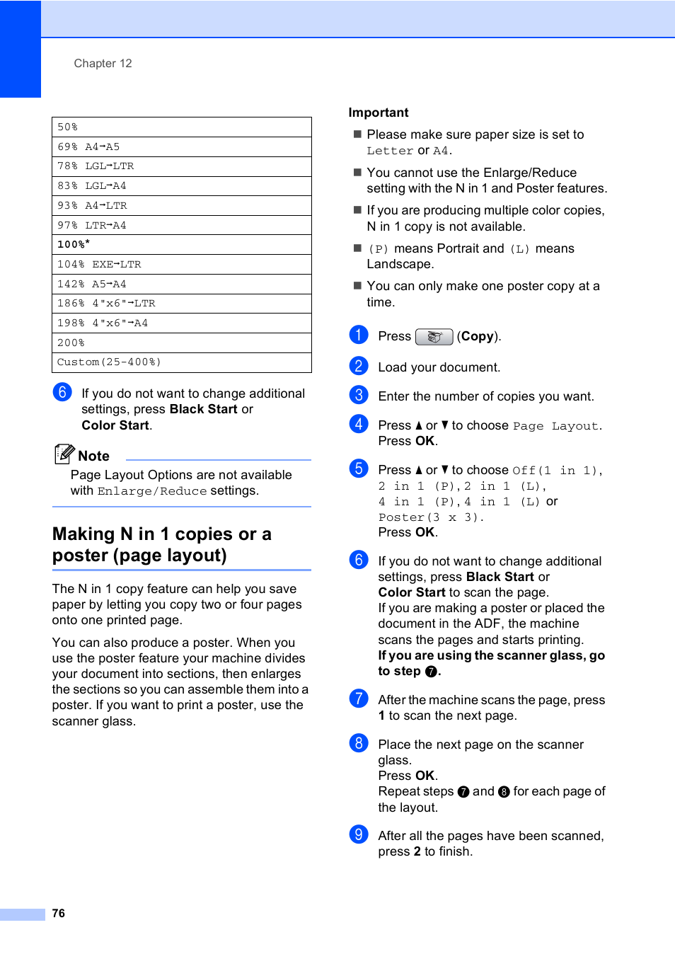 Making n in 1 copies or a poster (page layout) | Brother MFC-465CN User Manual | Page 92 / 192