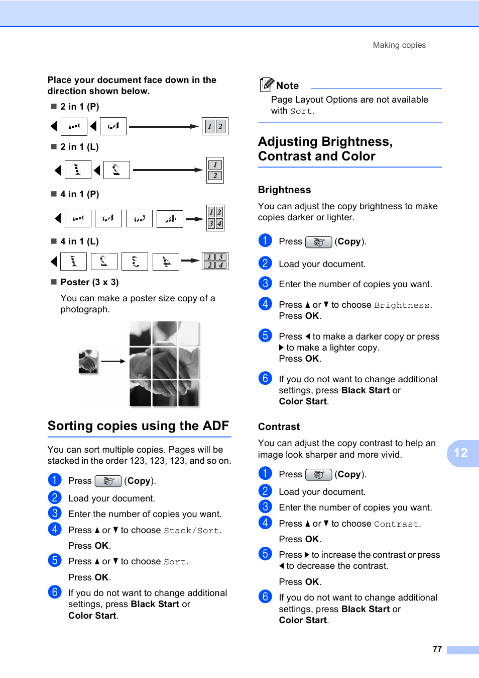 Sorting copies using the adf, Adjusting brightness, contrast and color, Brightness | Contrast, Sorting copies using | Brother MFC-465CN User Manual | Page 93 / 192
